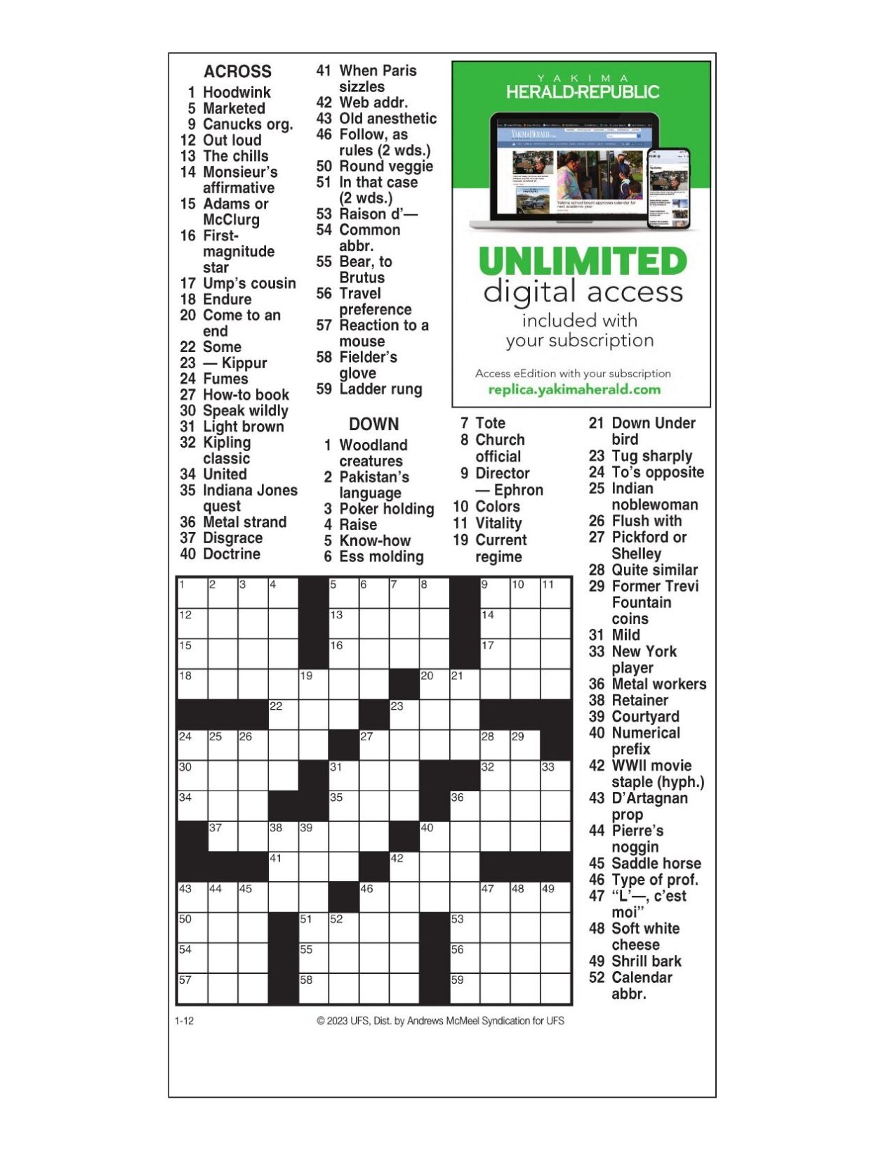 AM Crossword Jan 12 2023 Crosswords Yakimaherald