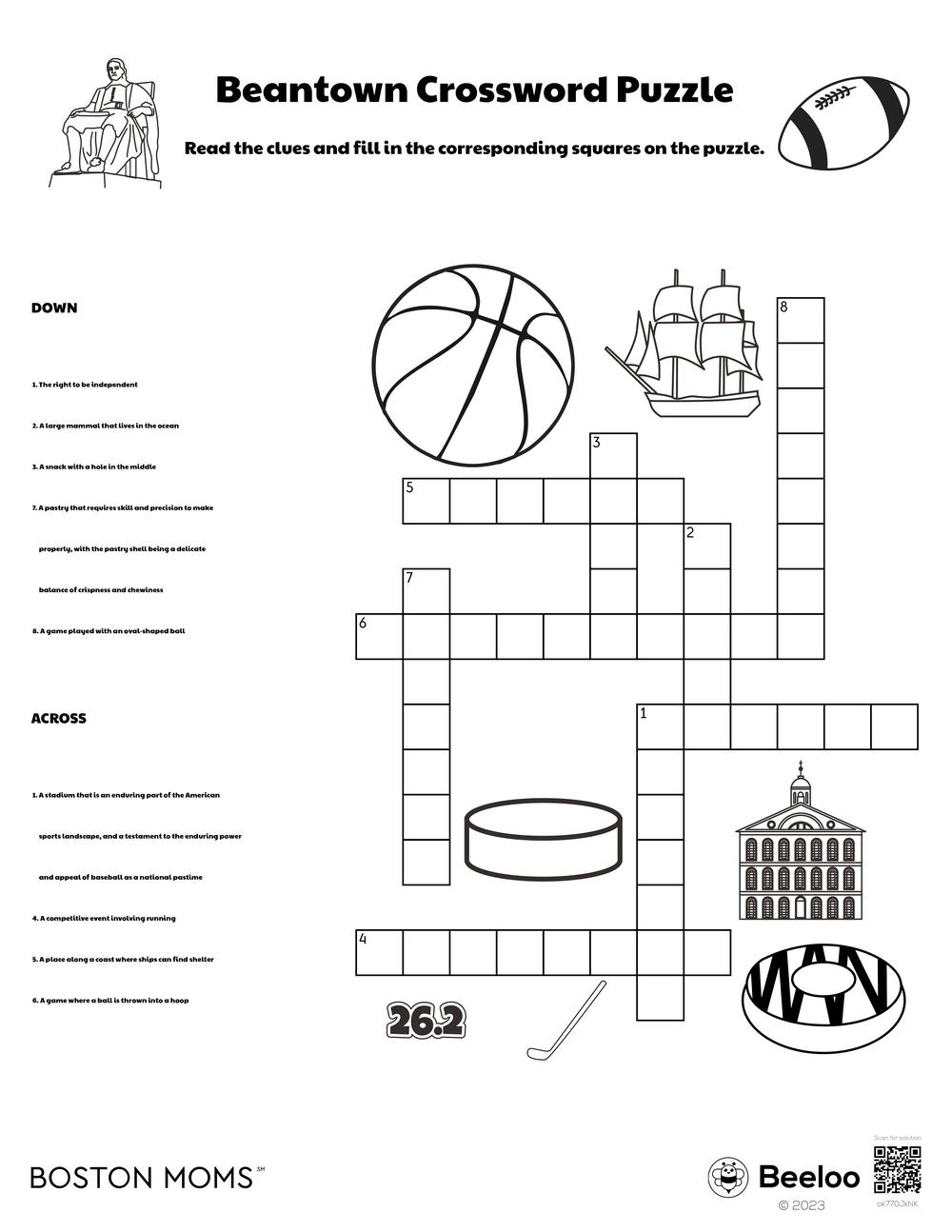Boston themed Crossword Puzzles Beeloo Printables