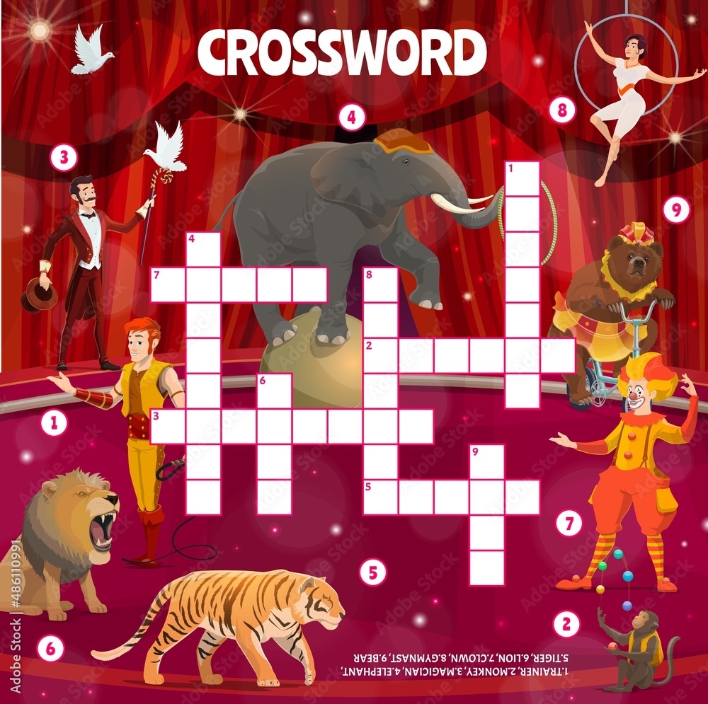 Circus Find Word Crossword Quiz Game With Cartoon Performers And