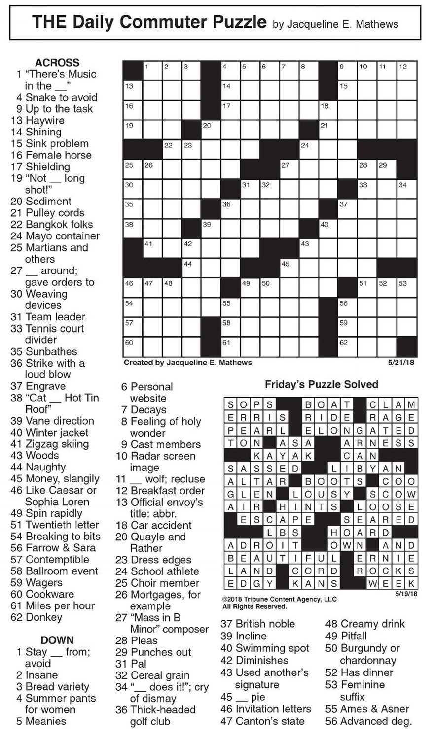 Daily Commuter Crossword Puzzle Answers Printable
