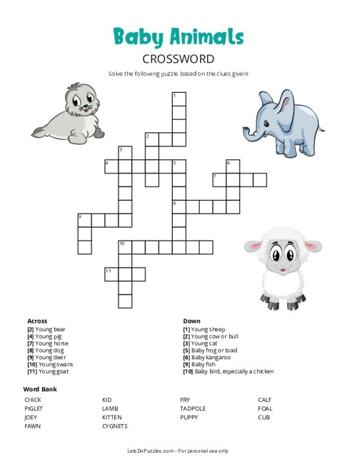 Free Printable Baby Animals Crossword
