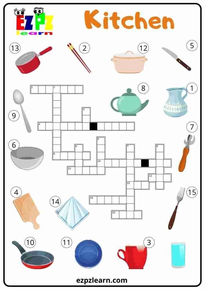 Free Printable English Crosswords Topic Kitchen Objects Worksheet For 