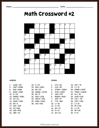 Free Printable Math Crossword Puzzle With Addition And Subtraction