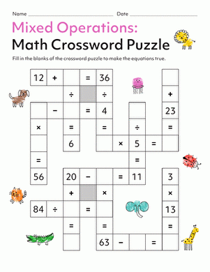 Math Crossword Puzzle Fun Activity For Fourth Graders