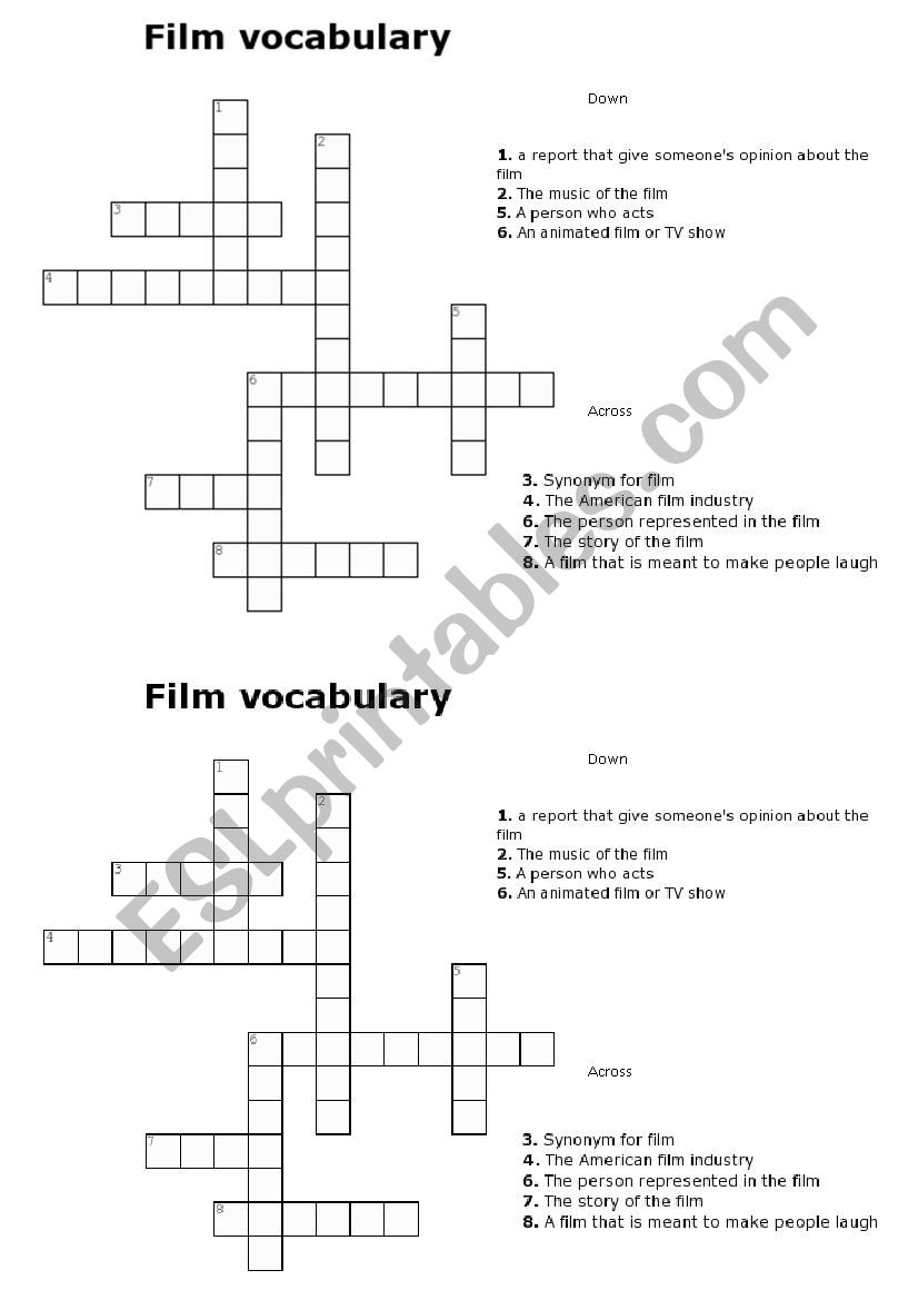 Movie Vocabulary Crosswords ESL Worksheet By Maribulle