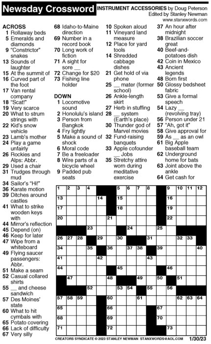 Newsday Crossword Puzzle For Jan 30 2023 By Stanley Newman Creators 