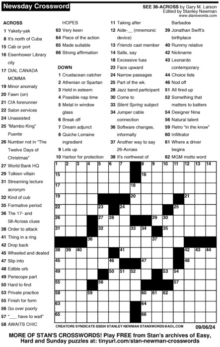 Newsday Crossword Puzzle For Sep 06 2024 By Stanley Newman QDR Plus
