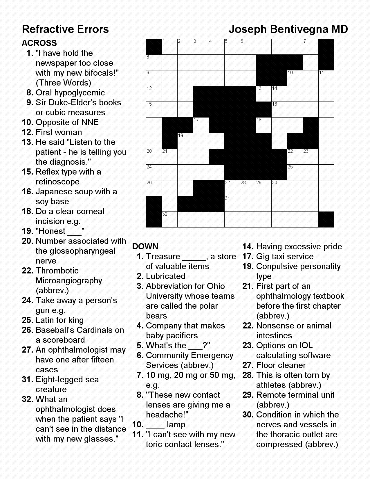 Ophthalmic Crossword Refractive Errors