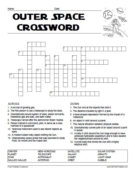 Outer Space Crossword Free Printable