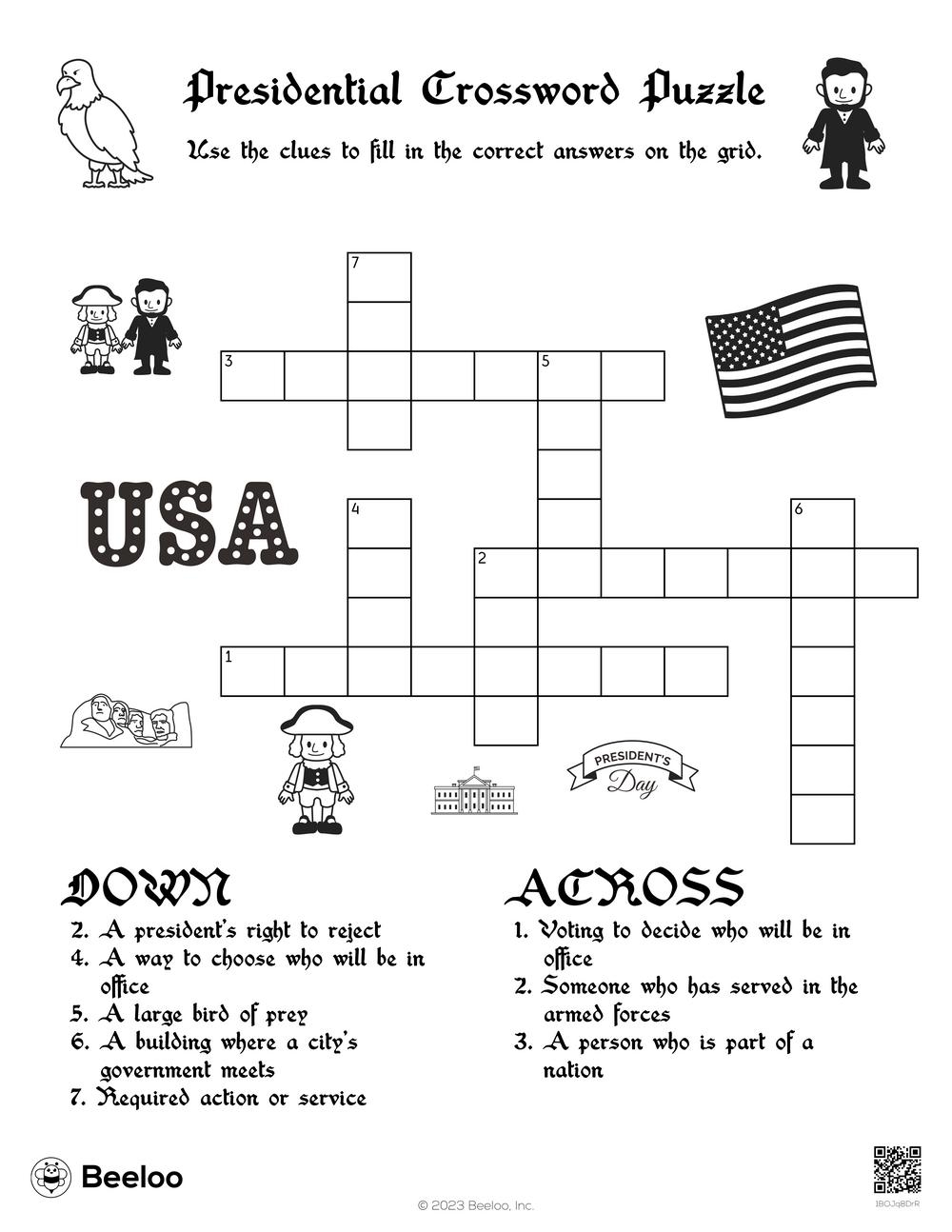 Presidents 39 Day themed Crossword Puzzles Beeloo Printables