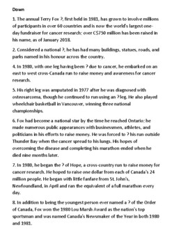 Terry Fox Crossword By Steven 39 s Social Studies TPT