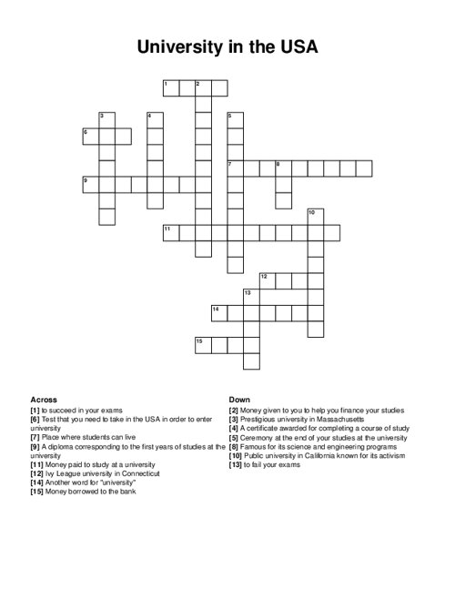 University In The USA Crossword Puzzle
