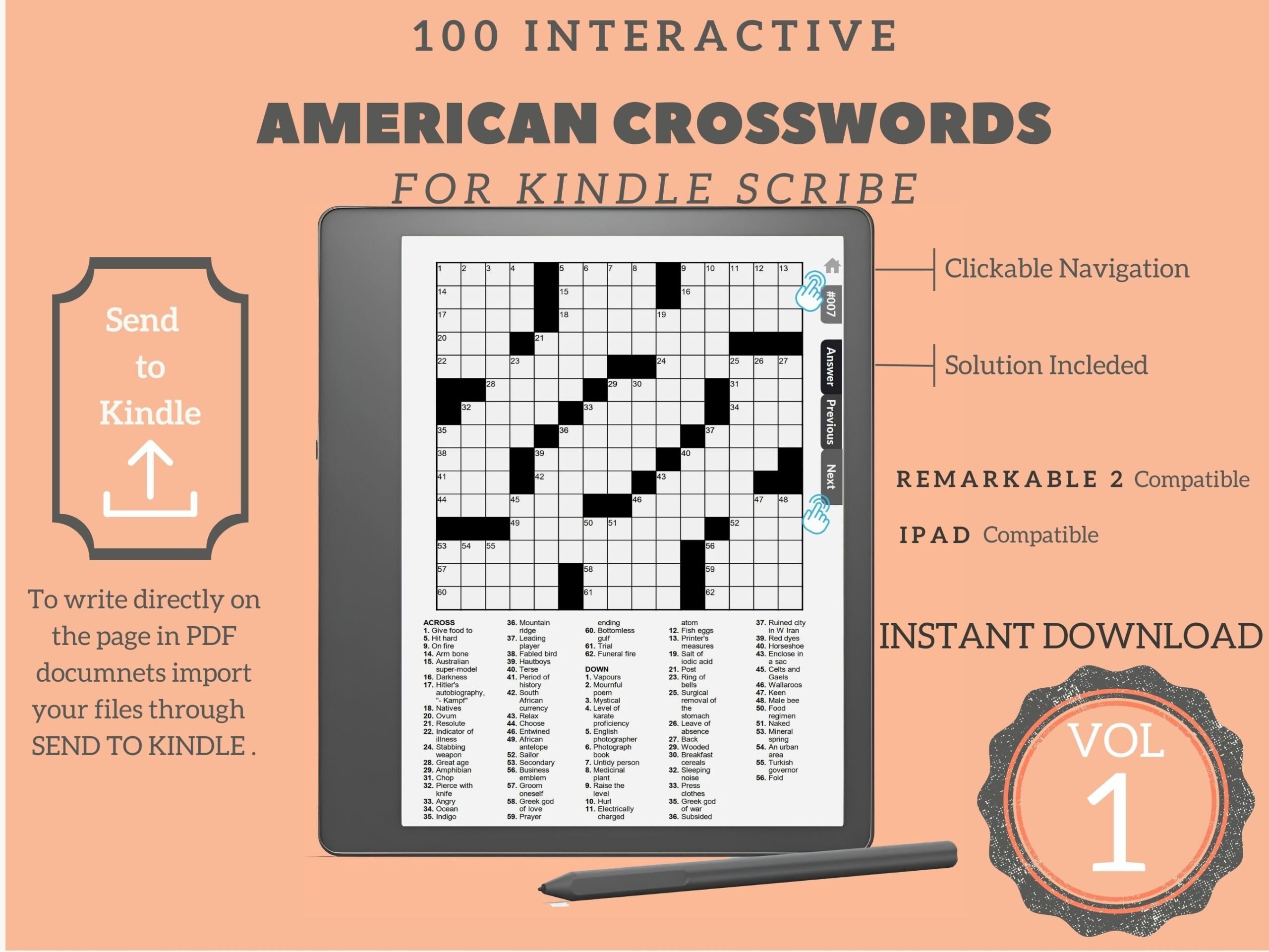 100 American Crosswords For Kindle Scribe Volume 1 Interactive Puzzle 