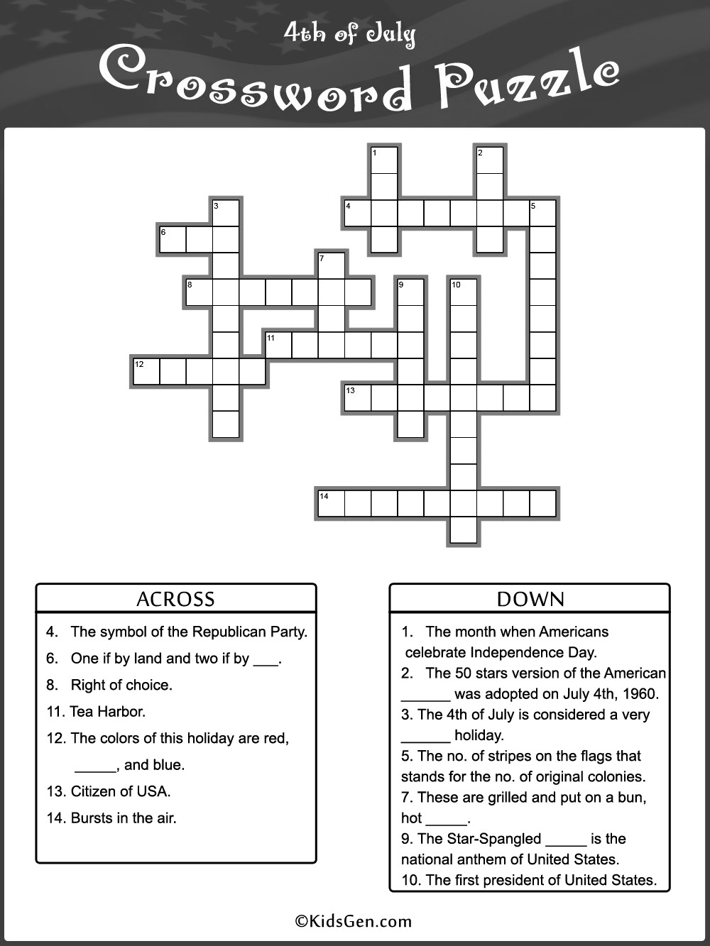 4th Of July Black White Crossword Template