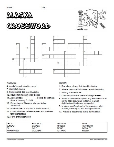 Alaska Crossword Puzzle Free Printable