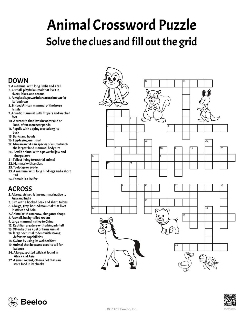 Animal themed Crossword Puzzles Beeloo Printable Crafts And 