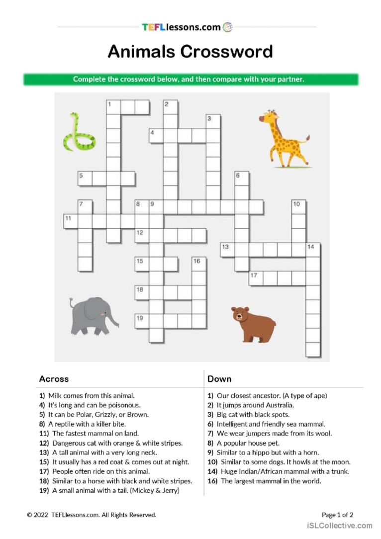 Animals Crossword Crossword English ESL Worksheets Pdf Doc