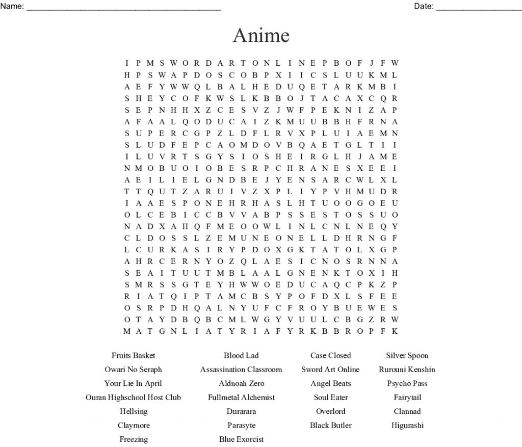 Anime Manga Crosswords Word Searches Bingo Cards Wordmint Word 