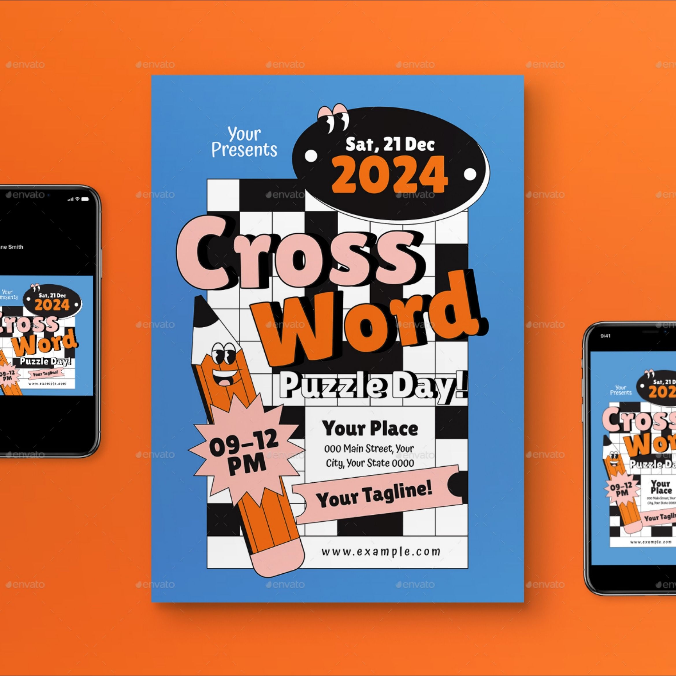 Blue Cartoon Flat Design Crossword Puzzle Day Flyer Set Puzzle