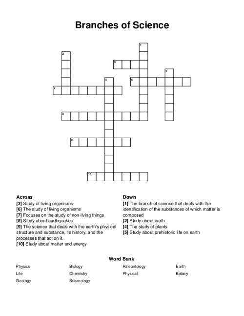 Branches Of Science Crossword Puzzle