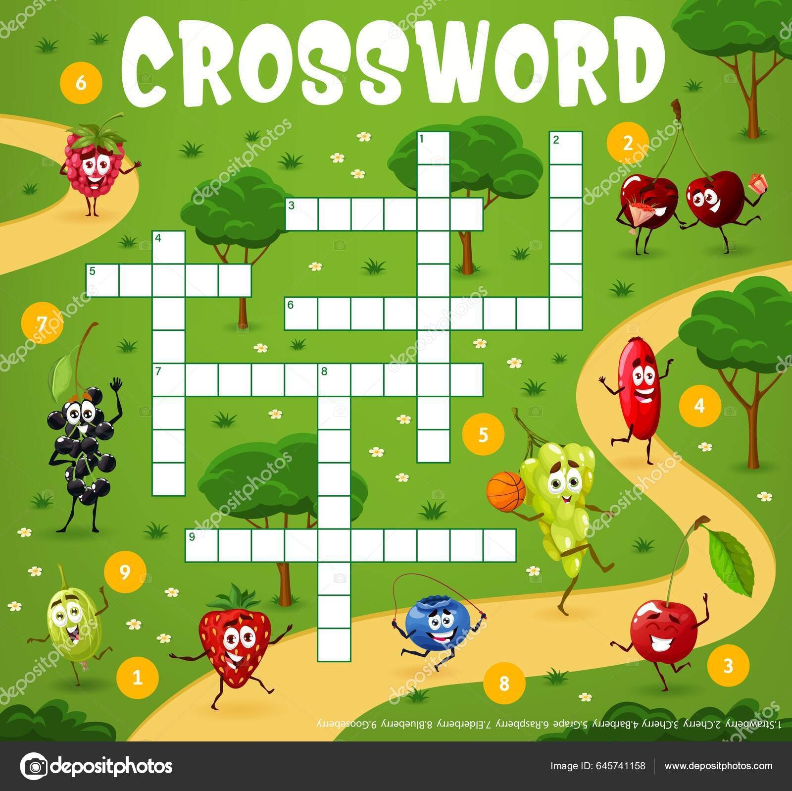 Cartoon Cheerful Berry Characters Summer Vacation Crossword Grid Find 