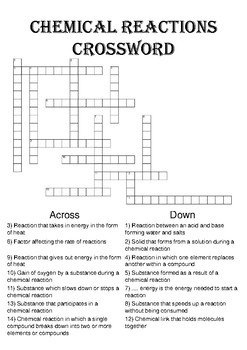 Chemistry Crossword Puzzle Chemical Reactions Includes Answer Key 