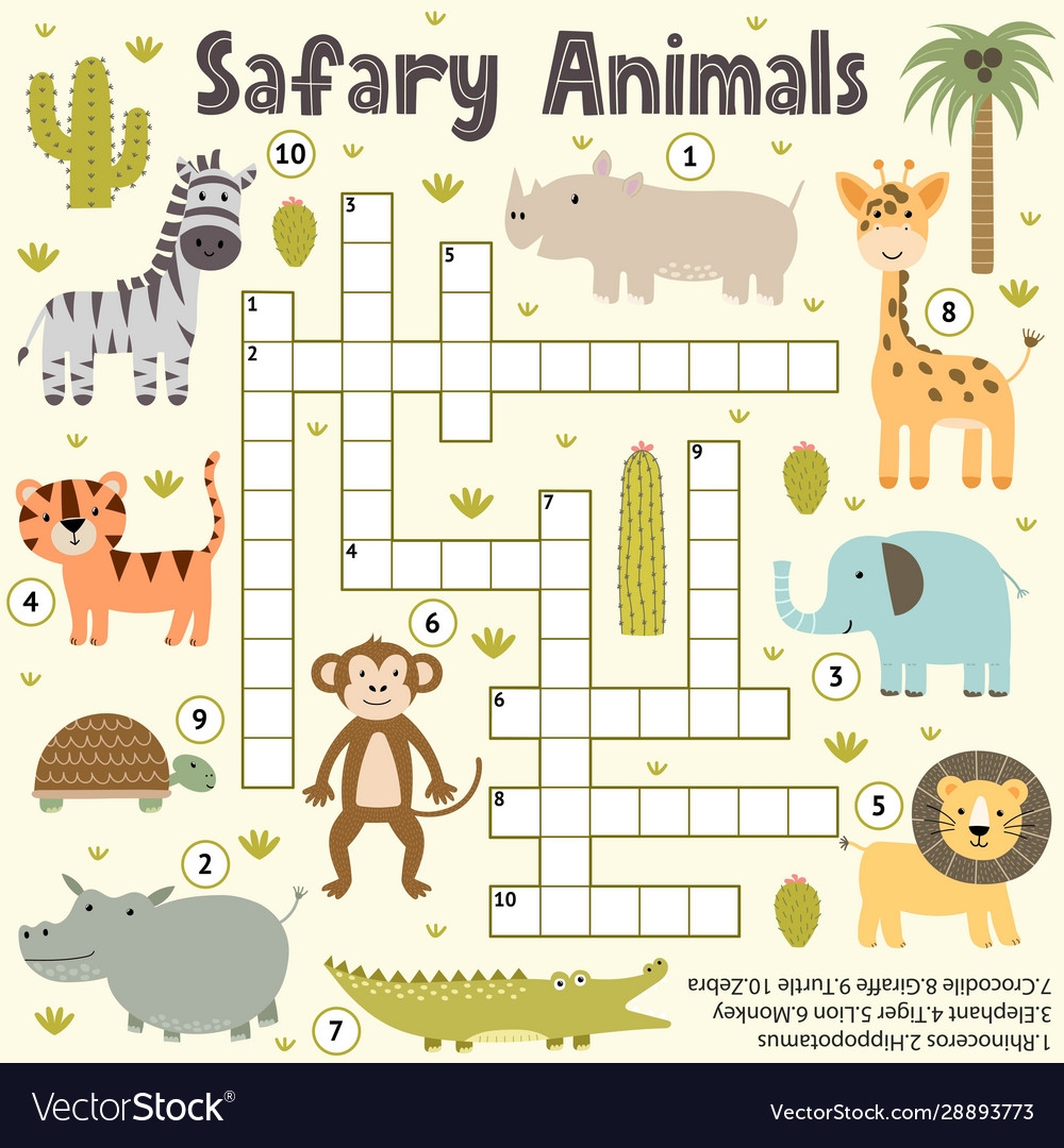 Crossword For Kids With Cute Safari Animals Word Vector Image