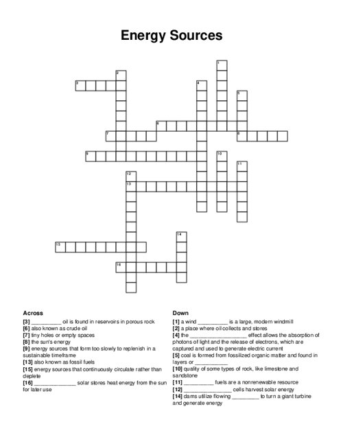 Energy Sources Crossword Puzzle