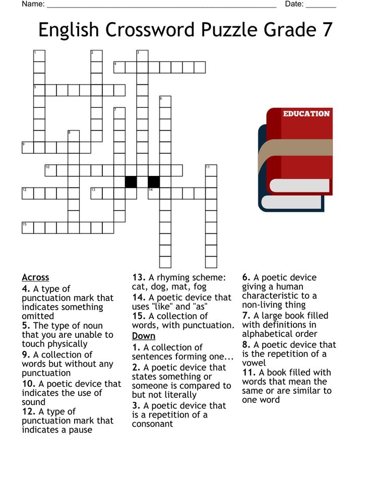 English Crossword Puzzle Grade 7 With 15 Clues