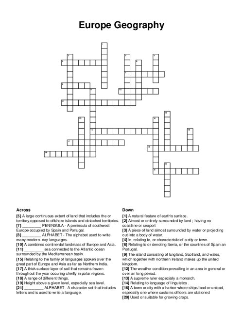 Europe Geography Crossword Puzzle