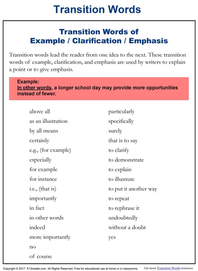 Example Clarification And Emphasis Transition Words K12reader
