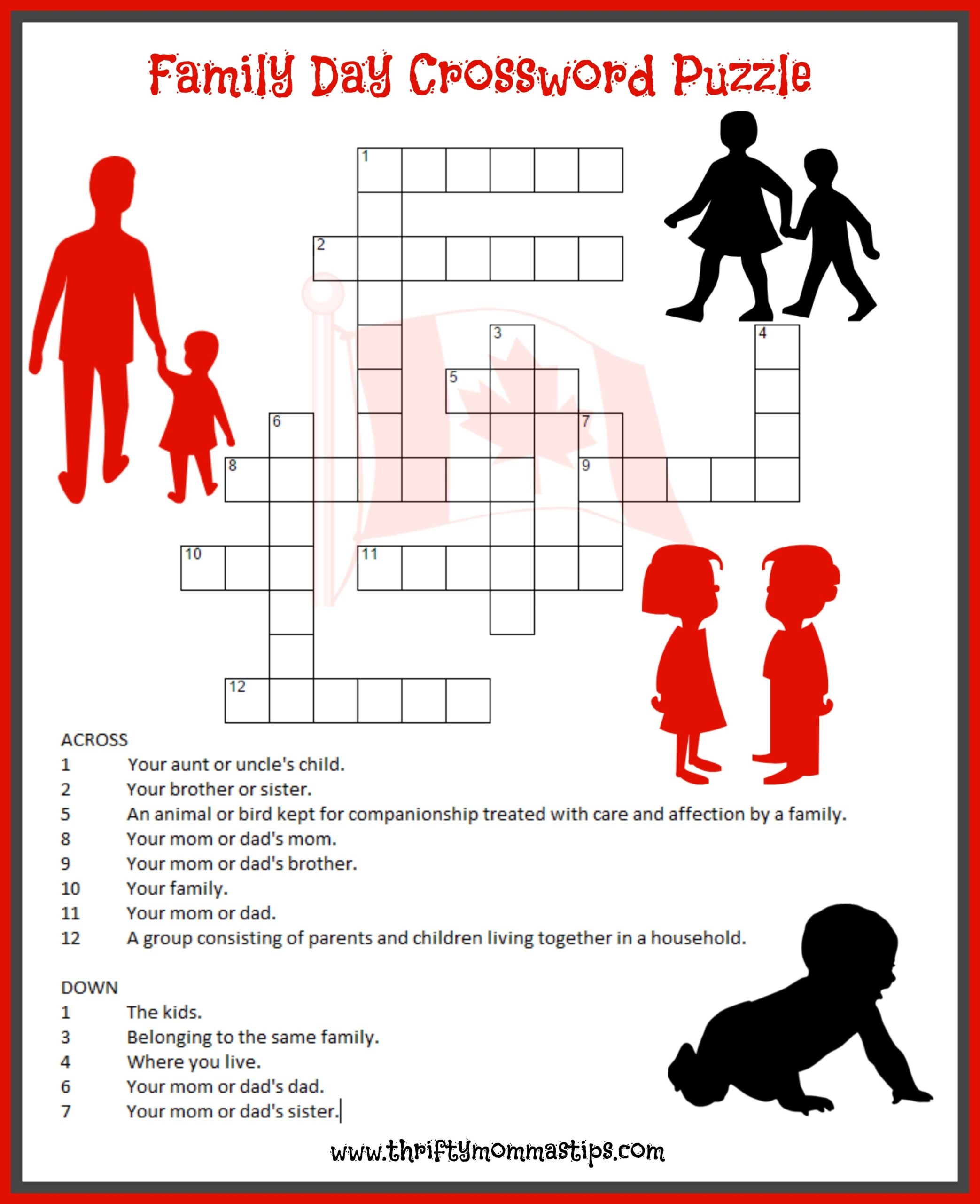 Family Day Crossword Puzzle Printable Thrifty Mommas Tips