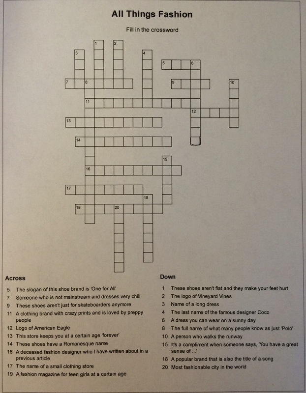 Fashion Crossword Puzzle