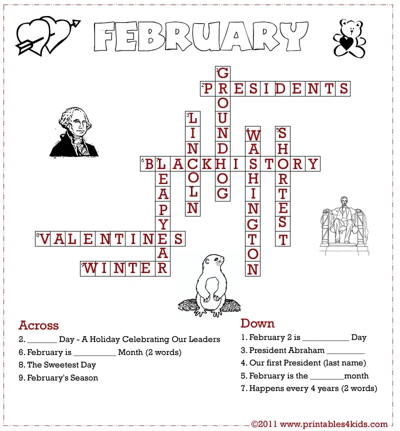 February Crossword Puzzle Answer Key Printables For Kids Free Word