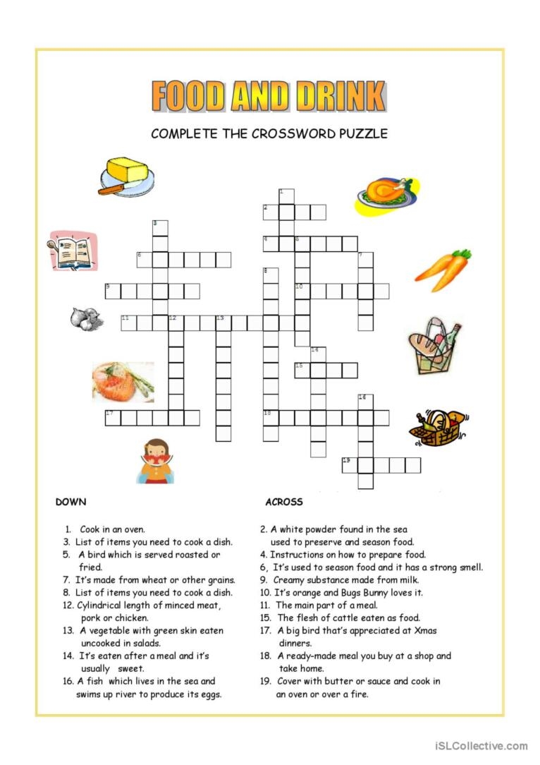 Food And Drink Crossword Crossword English ESL Worksheets Pdf Doc