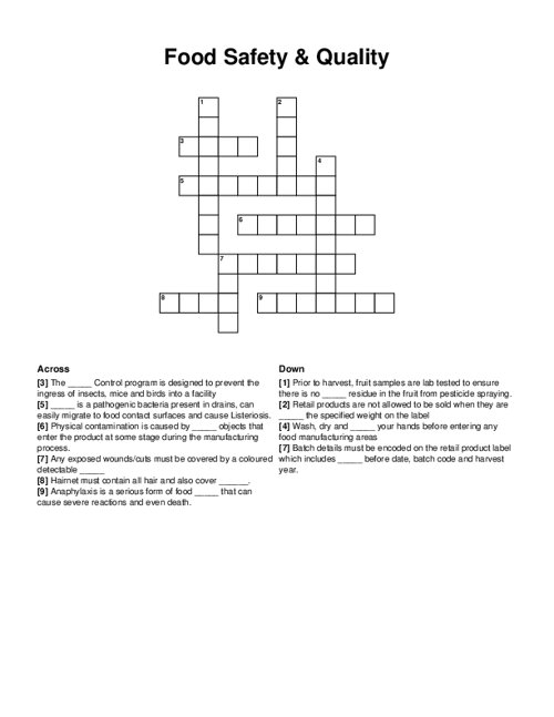 Food Safety Quality Crossword Puzzle