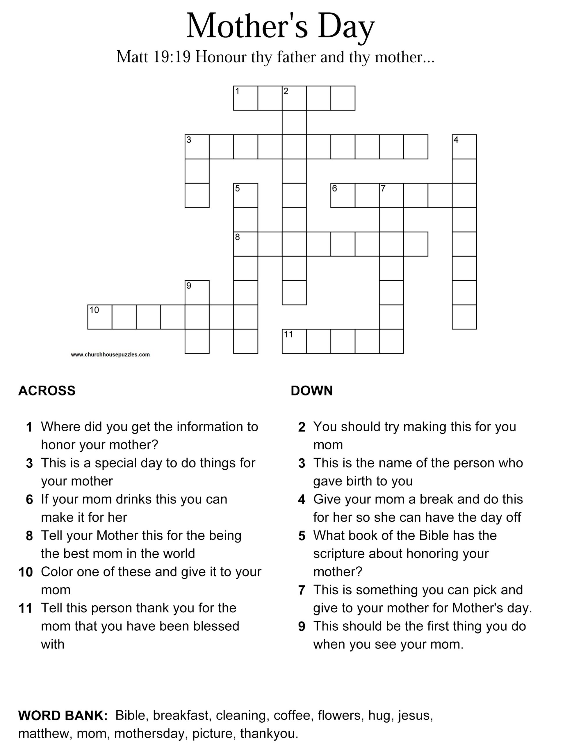 Free Mother 39 s Day Crossword Puzzle Printable Crafts For Kids 