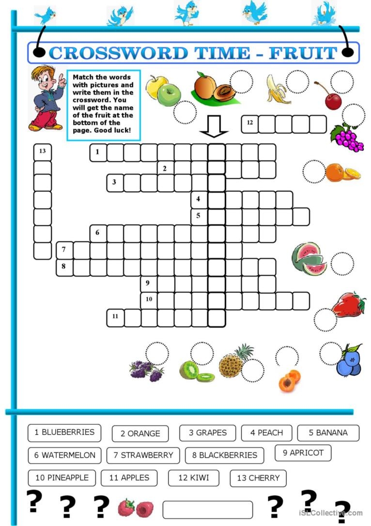 Free Printable Crossword Puzzle Fruits Worksheet 50 OFF