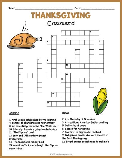 Free Printable Thanksgiving Crossword Thanksgiving Crossword 