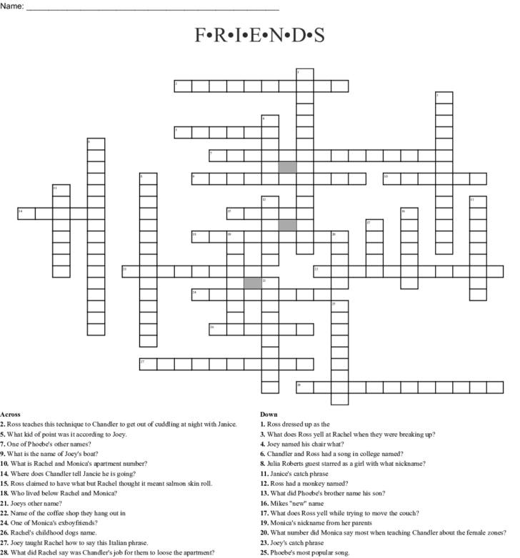 Friends Tv Show Crossword Puzzle Printable Sally Crossword Puzzles