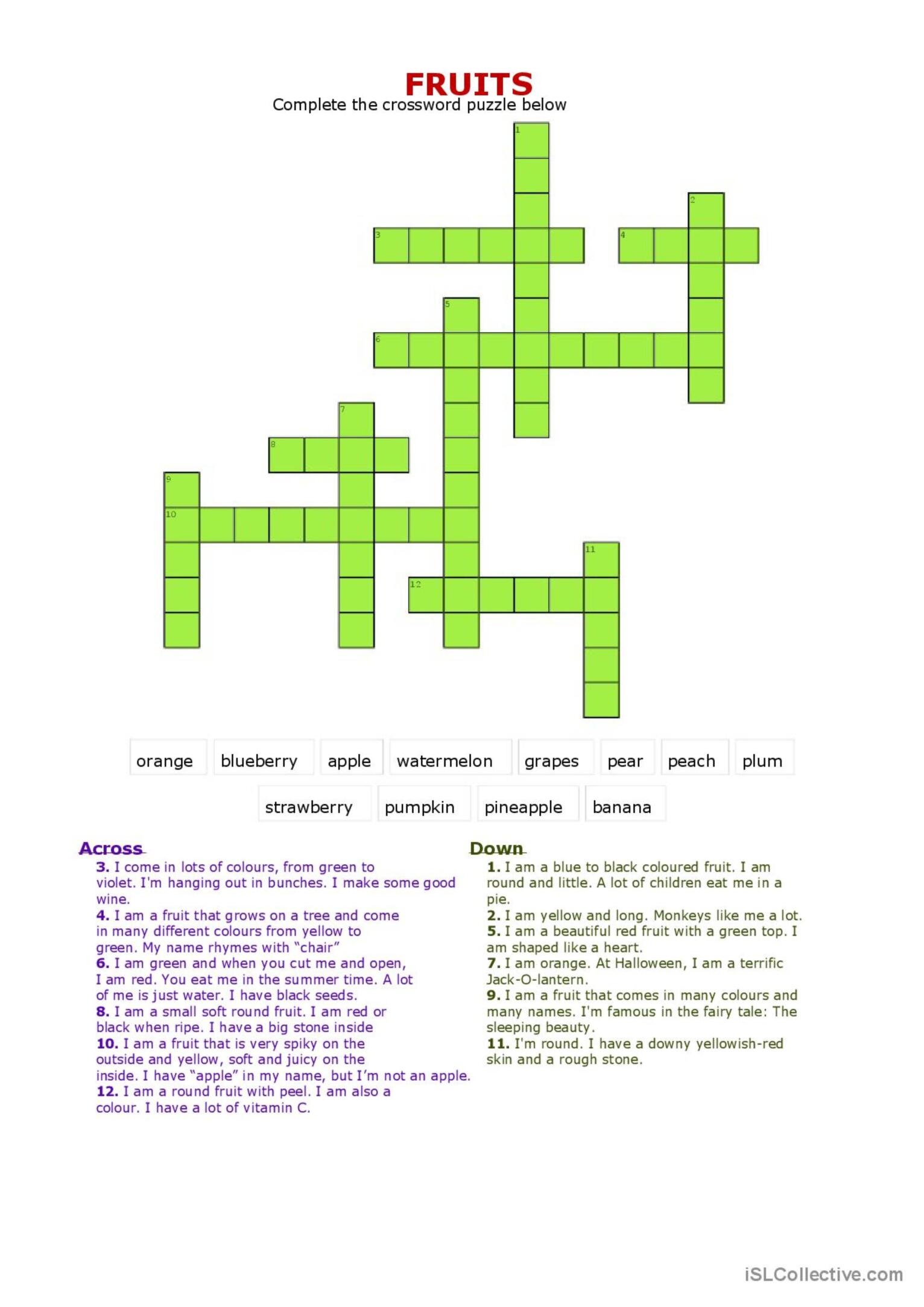 Fruits Crossword Crossword English ESL Worksheets Pdf Doc