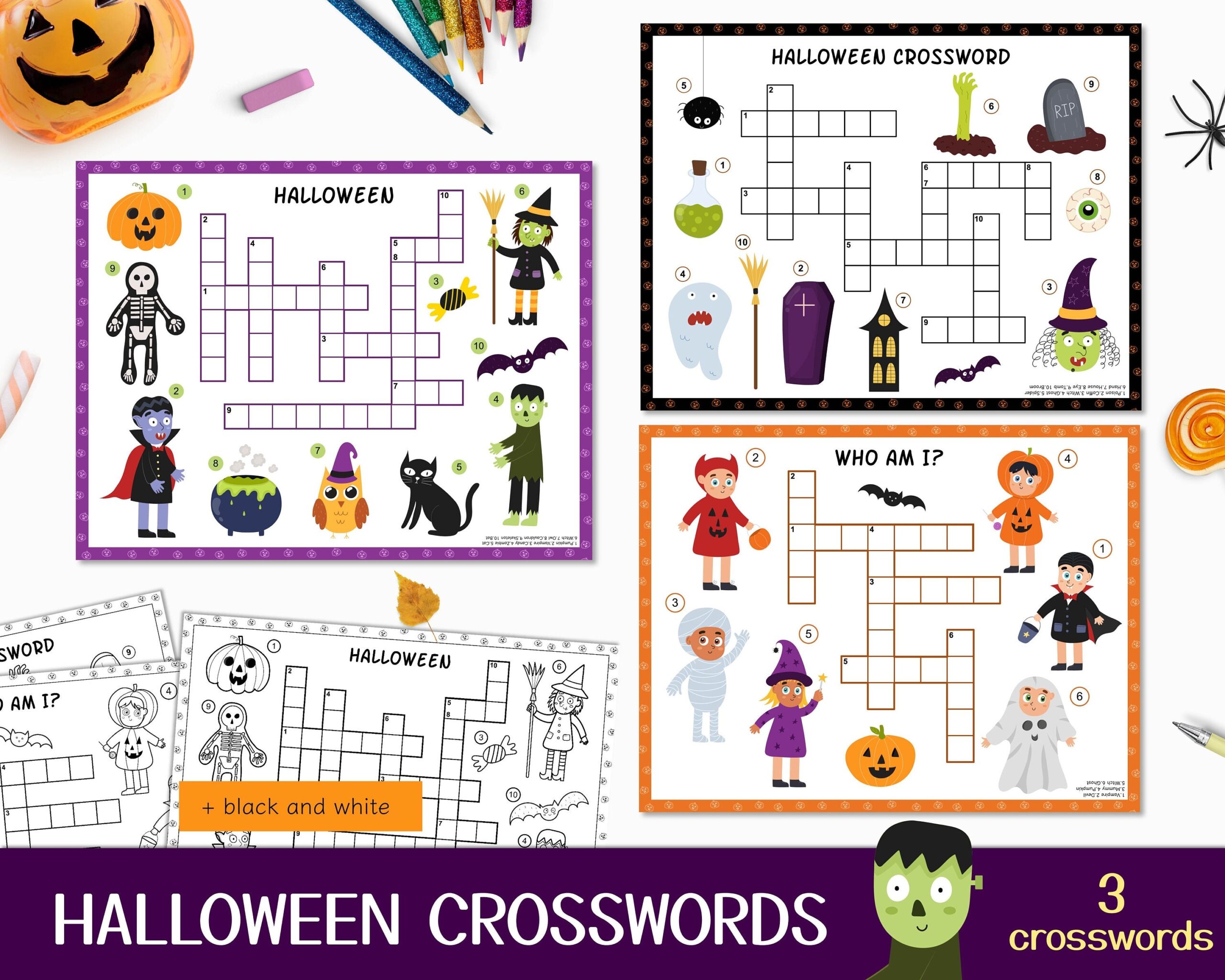 Halloween Crossword Puzzles Pdf For Kids Halloween Crossword Etsy