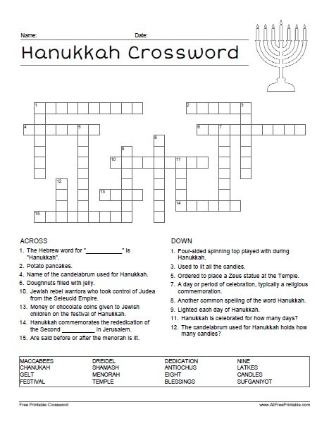 Hanukkah Crossword Free Printable