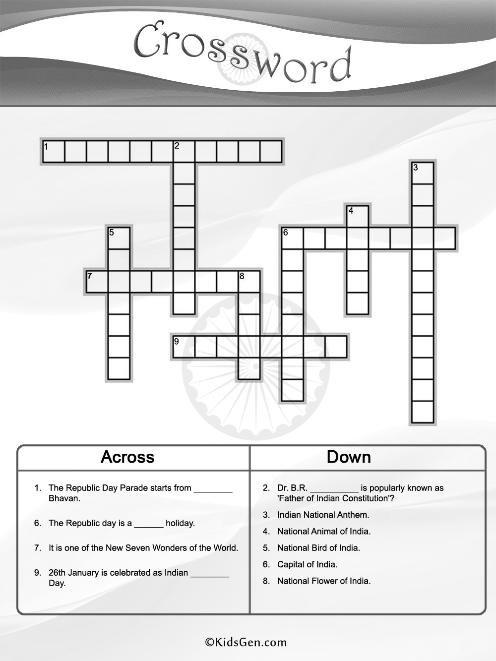 Indian Republic Day Black White Crossword Template