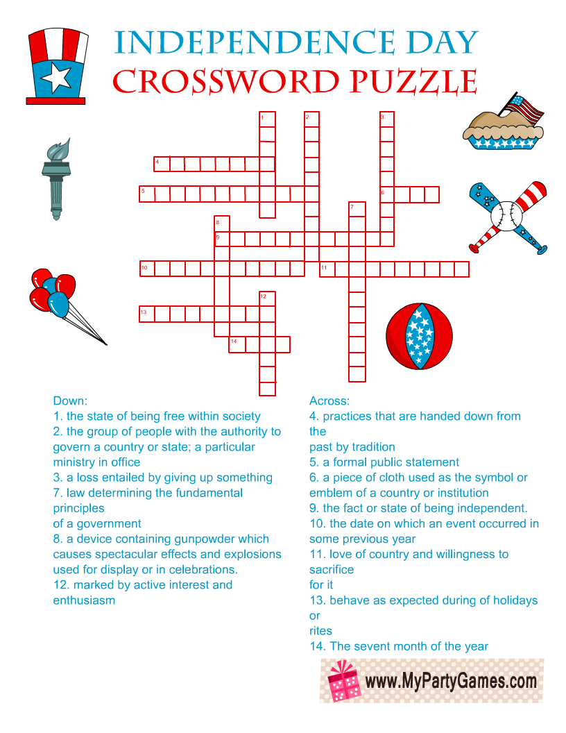 July Crossword Puzzle Printable