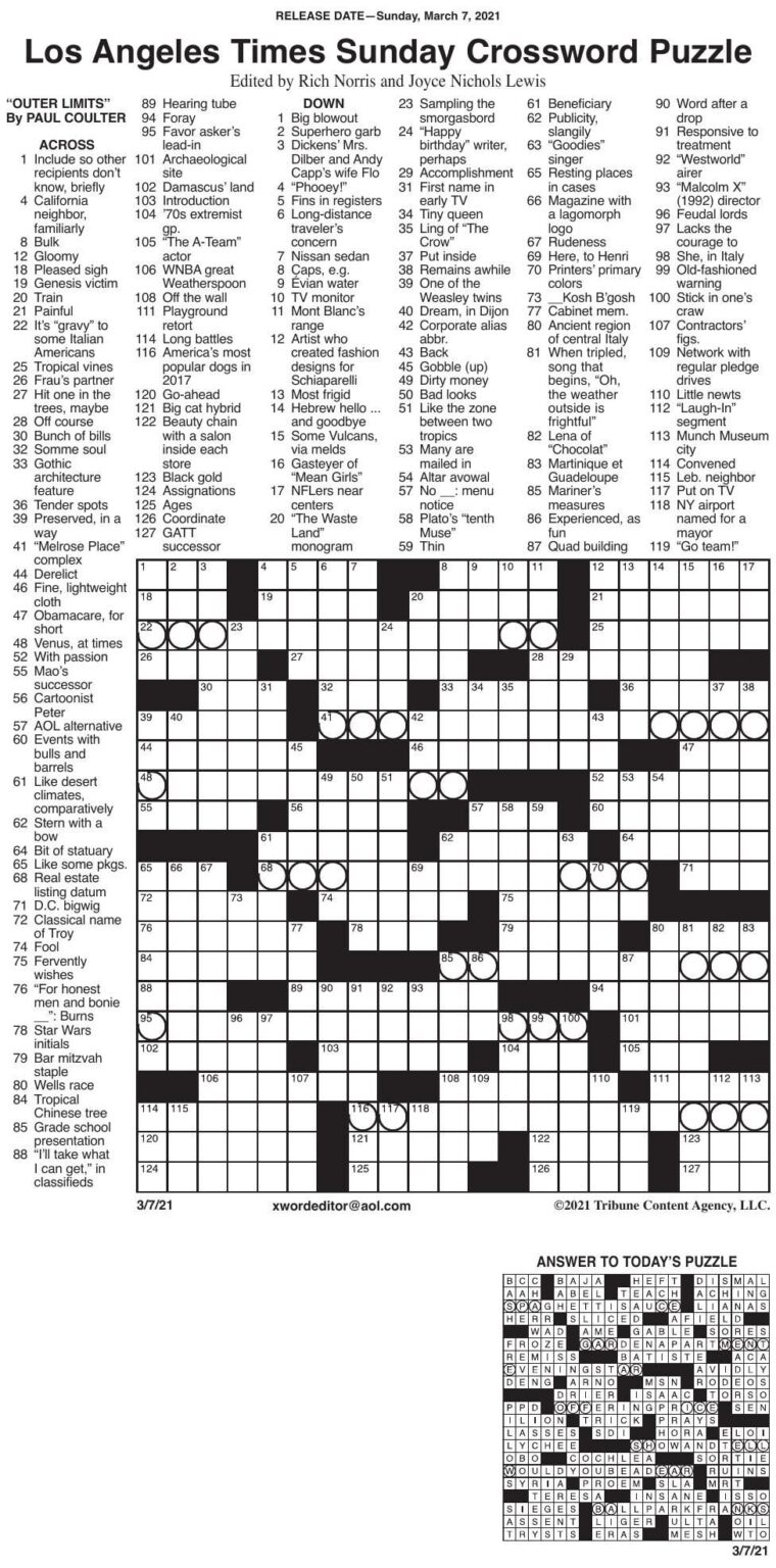 Free La Times Crossword Puzzles - Free Printable Crosswords