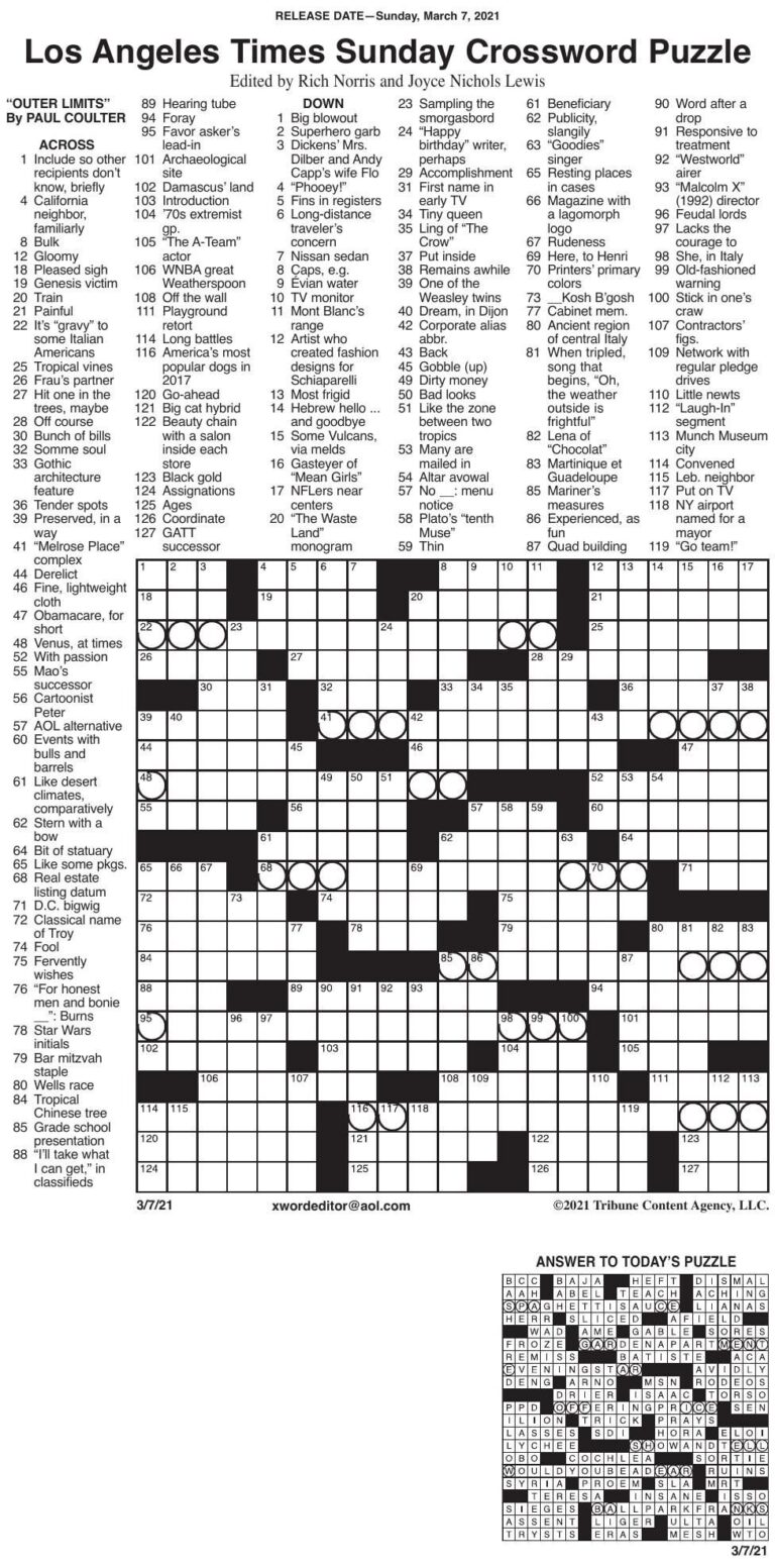 Free La Times Crossword Puzzles Free Printable Crosswords