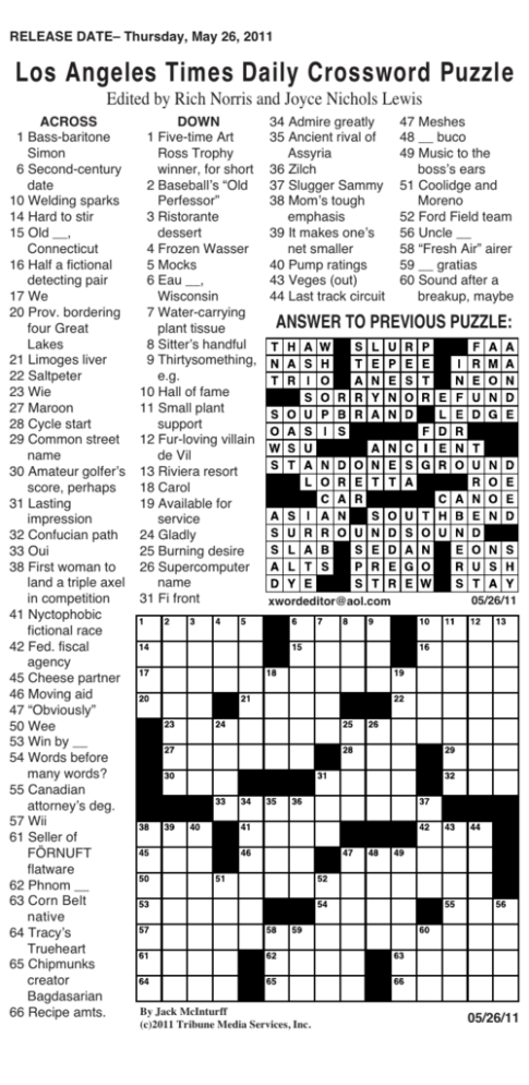Los Angeles Times Crossword Puzzle Free Printable Crosswords