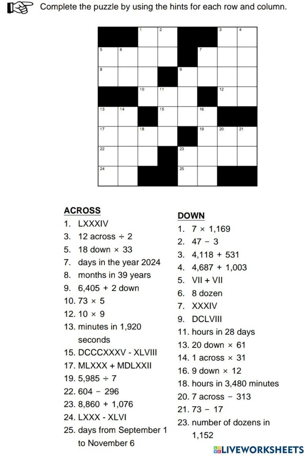 Math Crossword Worksheet Live Worksheets Worksheets Library