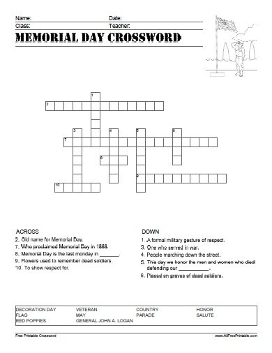 Memorial Day Crossword Free Printable